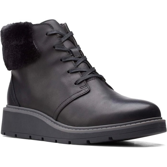 Clarks Andie Go Fur Lace-Up Black Leather Ankle Boots Casual Winter Booties 7.5 - Picture 2 of 13